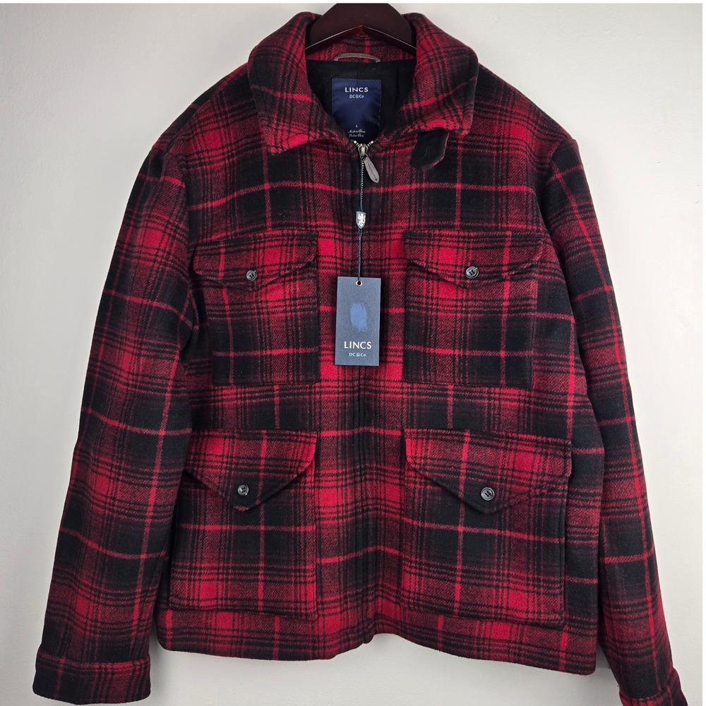 Lincs DC & Co Mens Red Black Buffalo Plaid Wool Blend Full Zip Jacket Large NWT